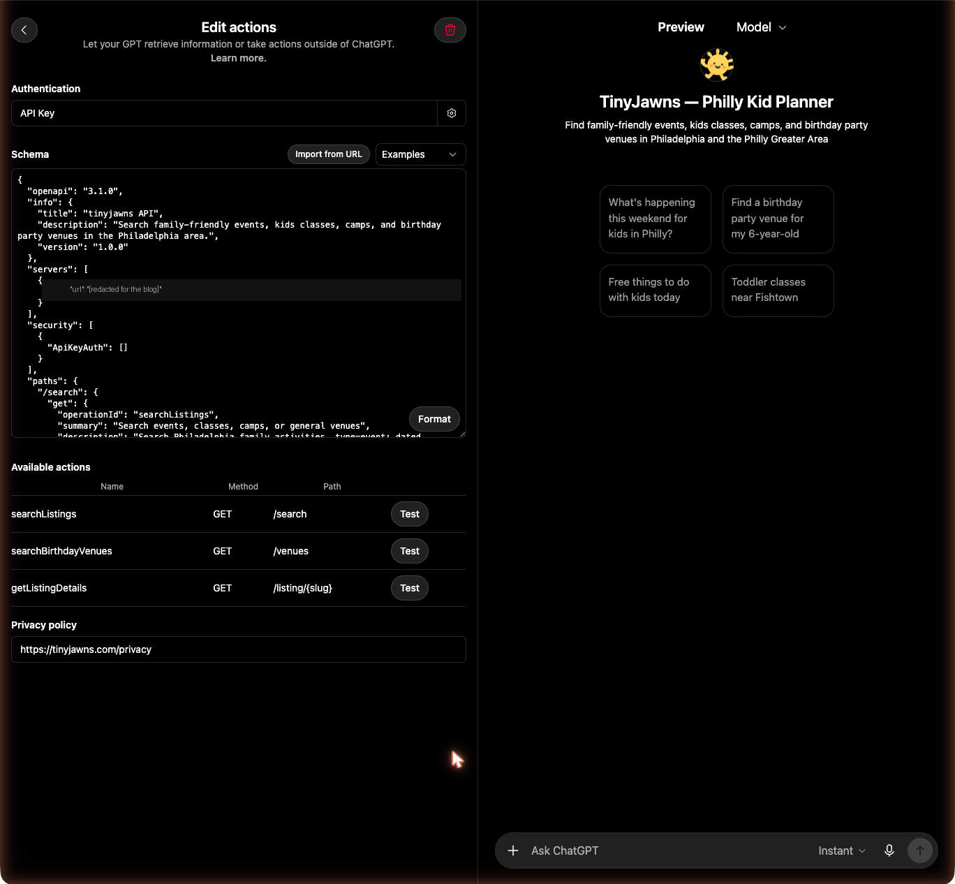 The Actions panel in the GPT editor — three operations, one missing