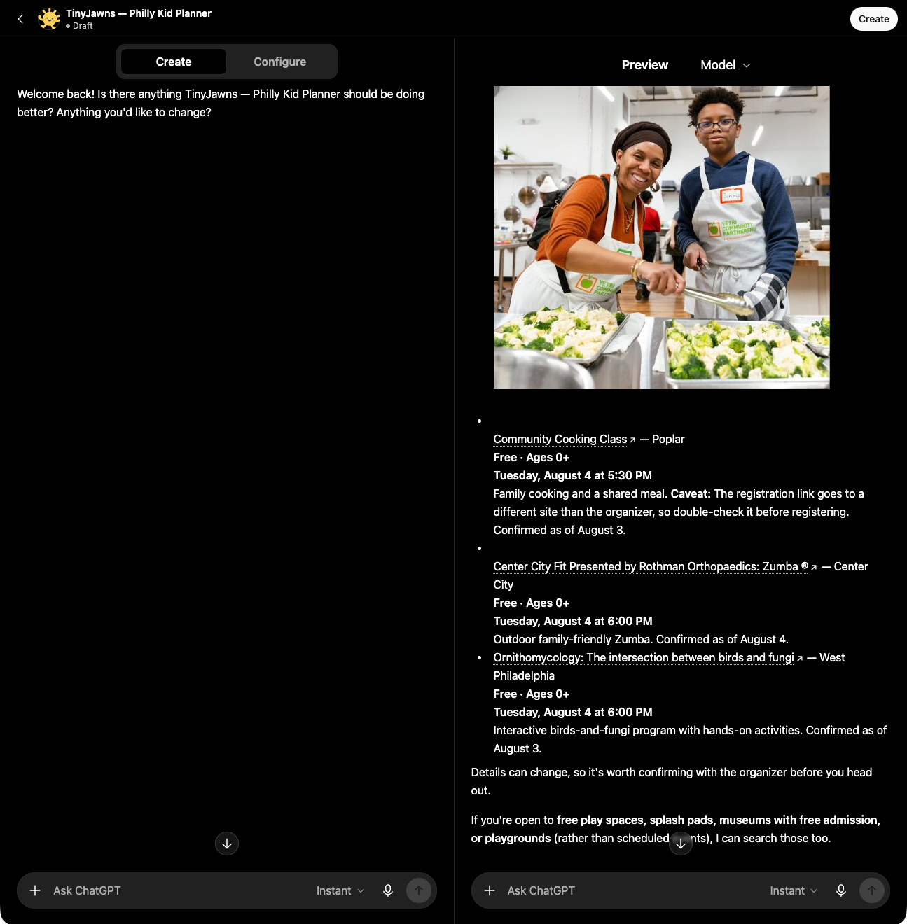 The GPT preview pane showing a reply with images, caveats relayed, freshness confirmations, and a closing offer to search more